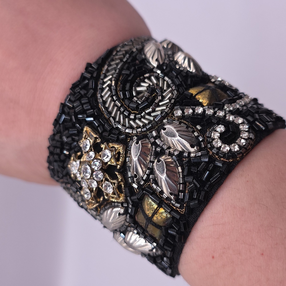 5/$25 - Black and Silvertone Embellished Fabric Wristband